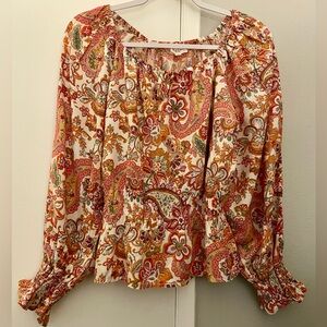 Nicole Miller Smocked Orange Brown 3/4 Sleeve Blouse